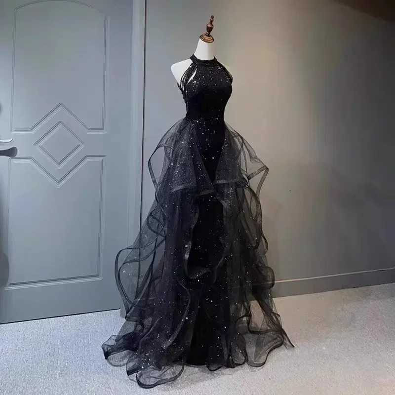 Elegant Sparking Navy Blue Evening Dresses Halt Beading Party Gown Customized Prom Dress 2025 C260331