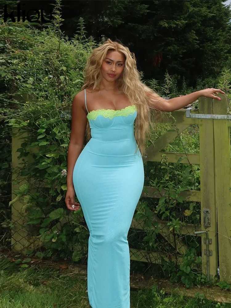 kliou Lace Patchwork Fashion Dress Women Elegant Suspendency Backless Sheath Concise Vestidos Mujer Vacation High Street Wear C260331