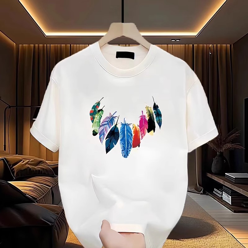 2026 Summer Men's Heavyweight T-Shirts | Colorful Feather Graphic Crew Neck Trendy Premium Youth Basic Tees