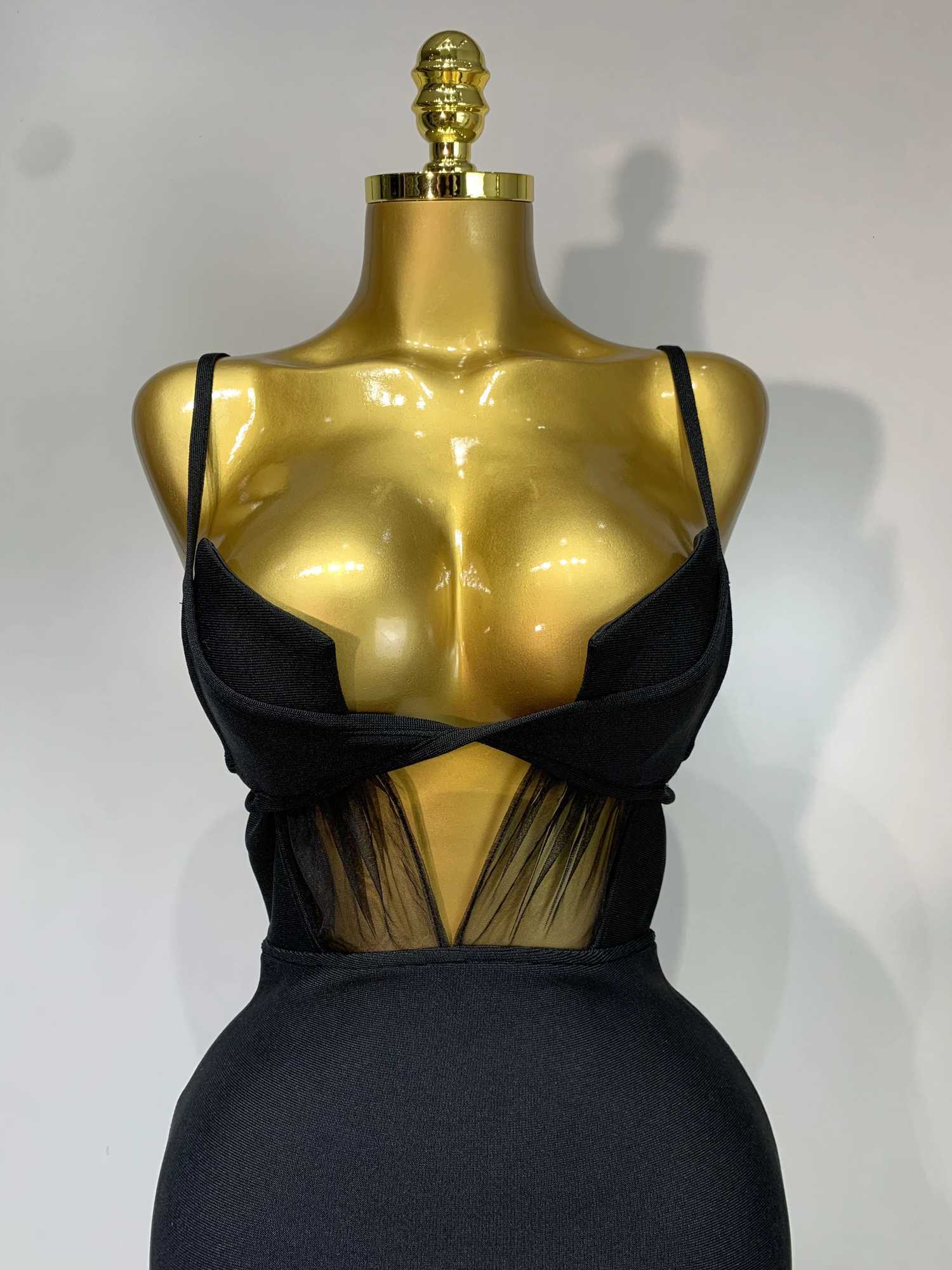 Fashion Black Spaghetti Strap Maxi Long Bandage Dress Mesh Cut Out Elegant Celebirty Bodycon Evening Club Party Birthday Dresses C260331