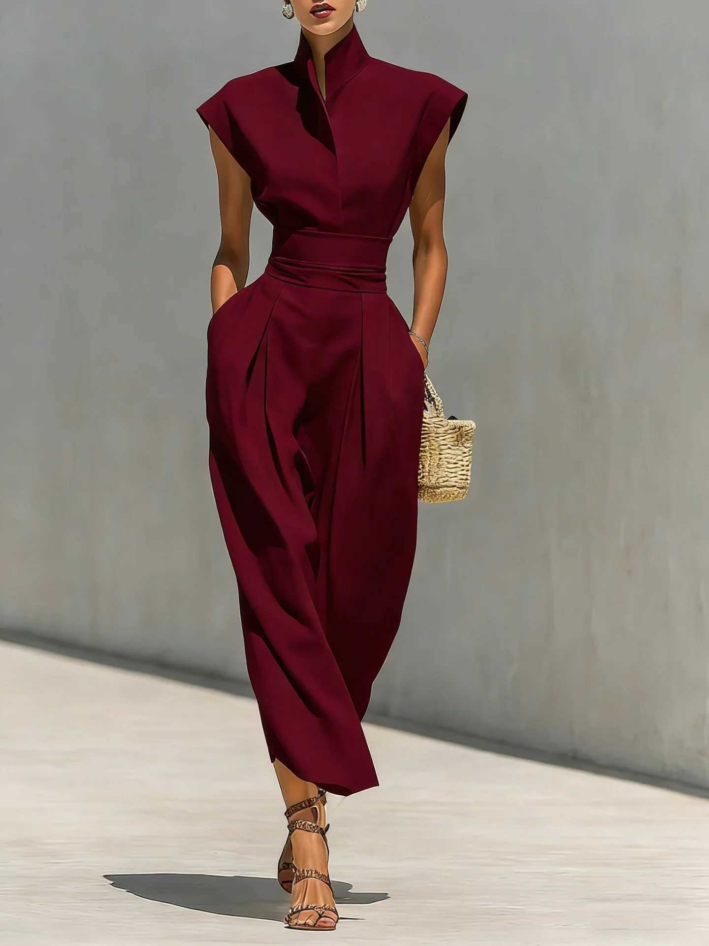 Summer New High Waist Pocket Dress Elegant Lady Slim Pleated Midi Dresses Fashion Solid Stand Collar Sleeveless Commuting Dress C260331