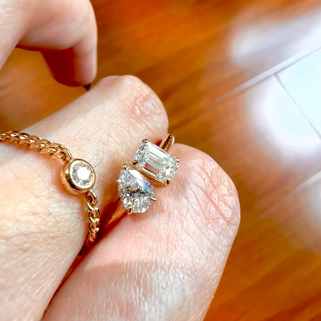 French Vintage Teardrop-Shaped Diamond Ring: Designer 24K Gold-Plated, Exquisite Geometric Dual-Stone Ring for the Ring Fingerg