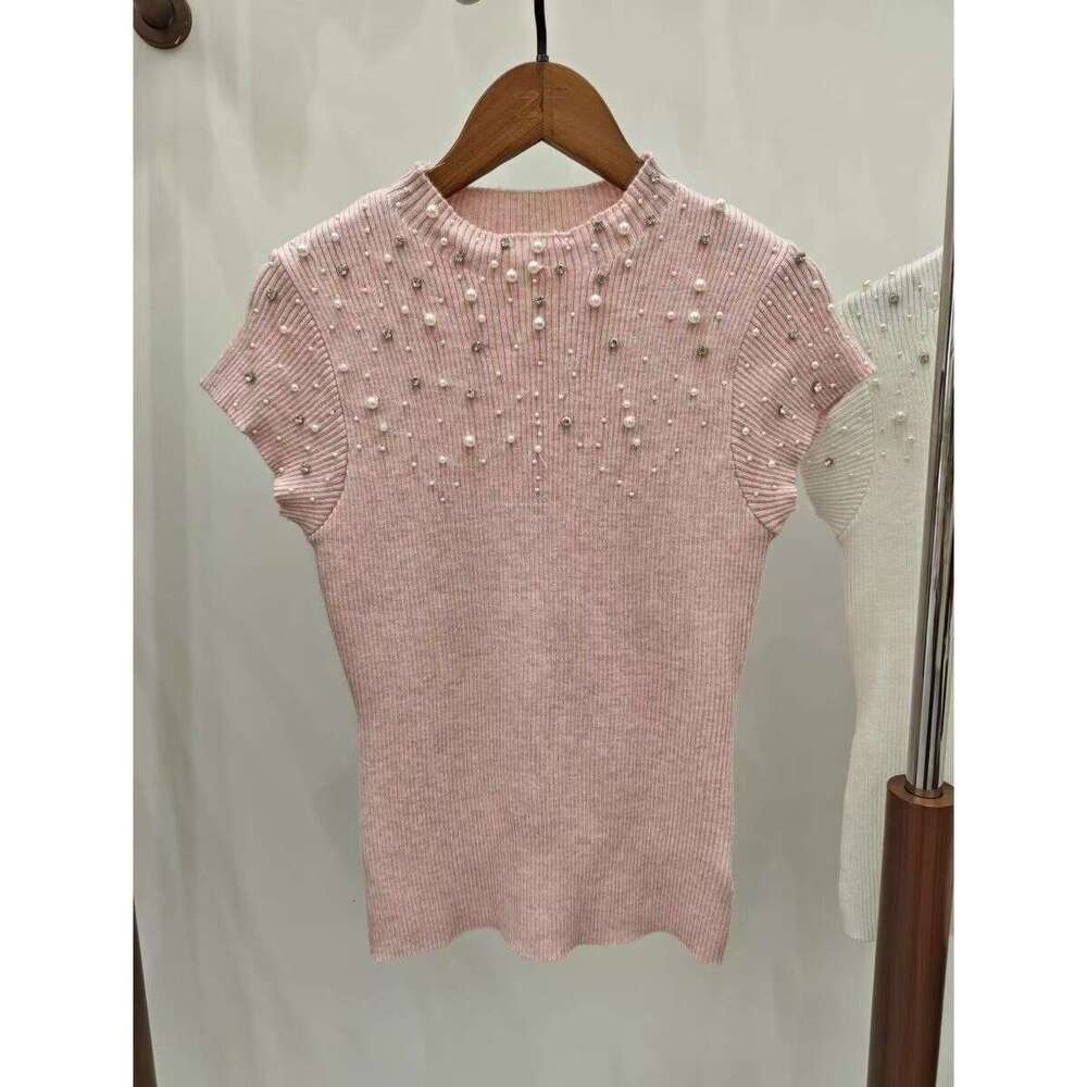 Sweet and elegant bead and rhinestone semi FC high neck short sleeved pullover knitted slim fit k30 women's top for spring and summer of 2026