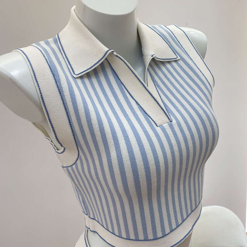 2026 Summer Designer French Style Blue and White Vertical Stripe Small Collar Knitted Tank k30 Top and Skirt Set