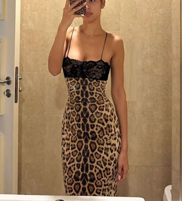 European And American New Fashion Sexy Leopard Print Sequin Strap Split Lace Patchwork Dress For Women Luanyun
