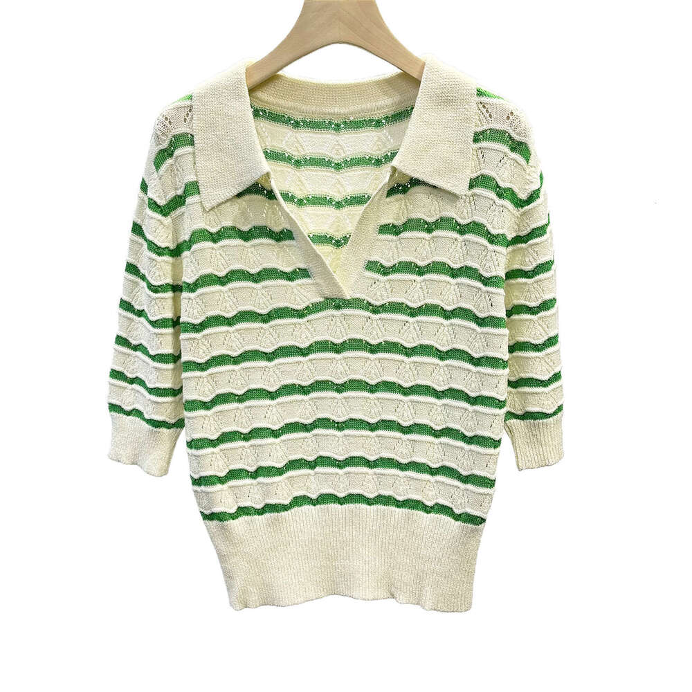 2026 Summer New Designer Thin Knitted k30 POLO Collar Green Stripe V-Neck Hollow Crochet Short Sleeve Knitted Top