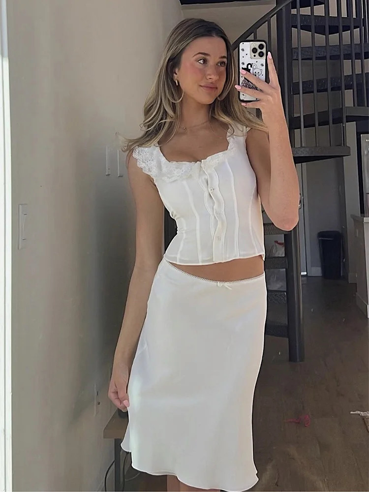 Foridol White Lace Summer Women Set Sleeveless Crop Topmidi Skirt Outfits Beach Holiday Chic Vintage Sundress Dress Set 260330