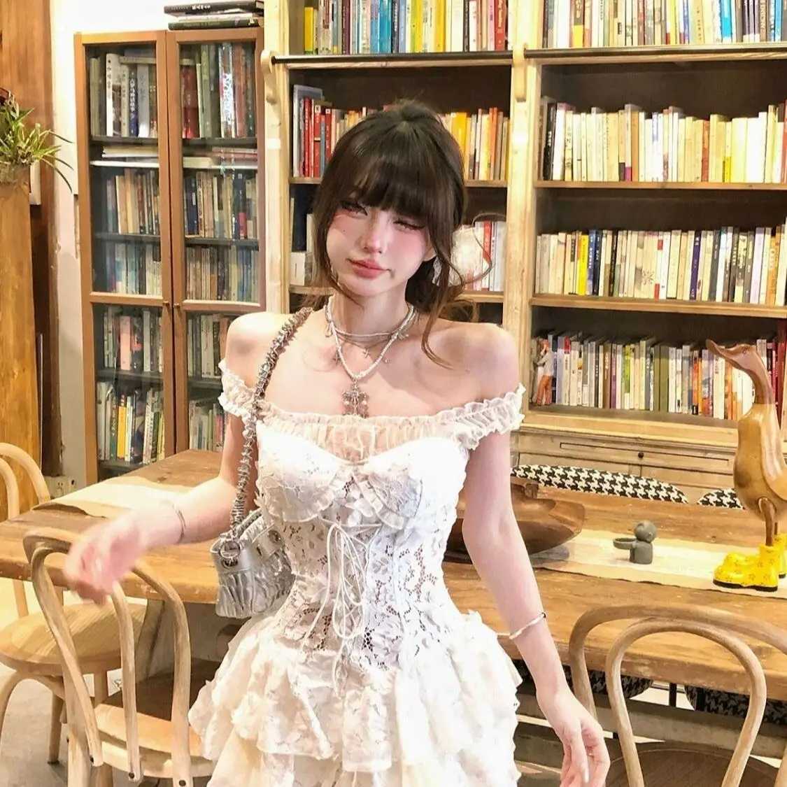 Summer Y2k Off Shoulder Sexy One Piece Dress French Vintage White Lace Slip Dresses Female Chic Design Fairy Outfits 2025 New C260331