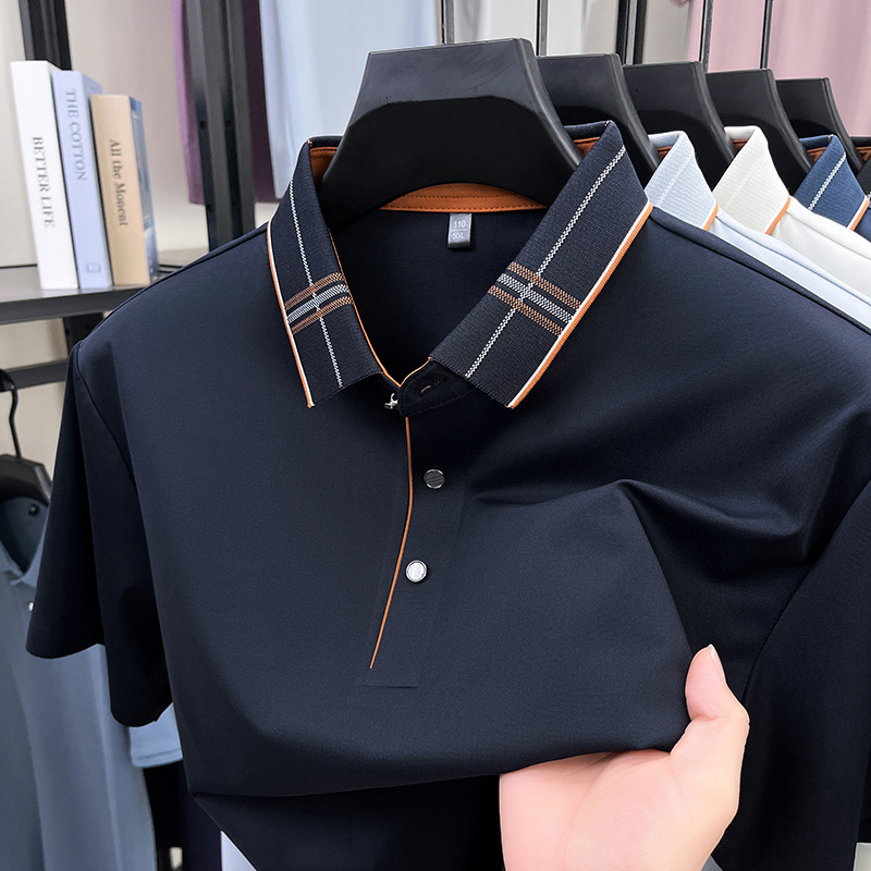 Men's Polo Shirt Summer New Solid Color Lapel Business Casual Short Sleeve Breathable Thin Mulberry Silk Top for Men - view 5