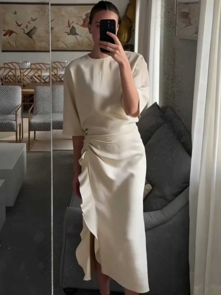 HH Women New Fashion Round Neck Pleated Short Sleeve Waist Dress Women Casual Sexy Side Zipper Button Solid Midi Summer Dress C260331