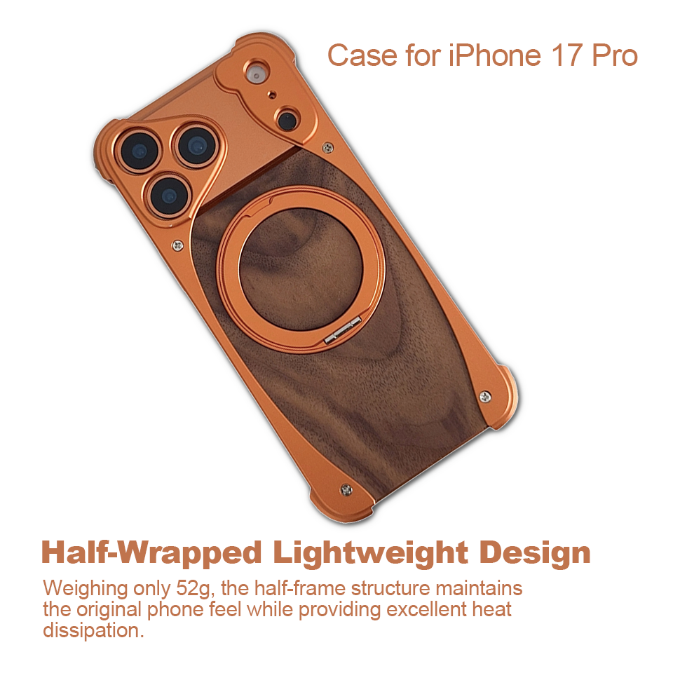 FASTAND Solid Wood Magnetic Phone Case for iPhone 17 Pro 360°Rotate Kickstand Wireless Charging Protective Cover