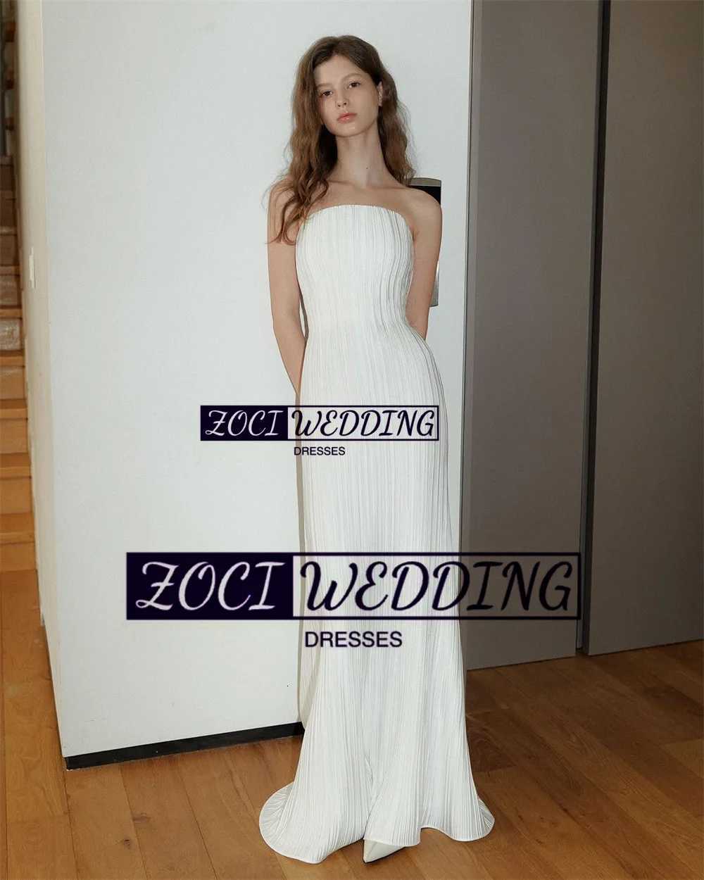 Zoci Luxury Strapless Wedding Dresses Sleeveless Pleats Satin Draped Korea Photos Shoot Dress Customized Backless Bridal Gown C260331