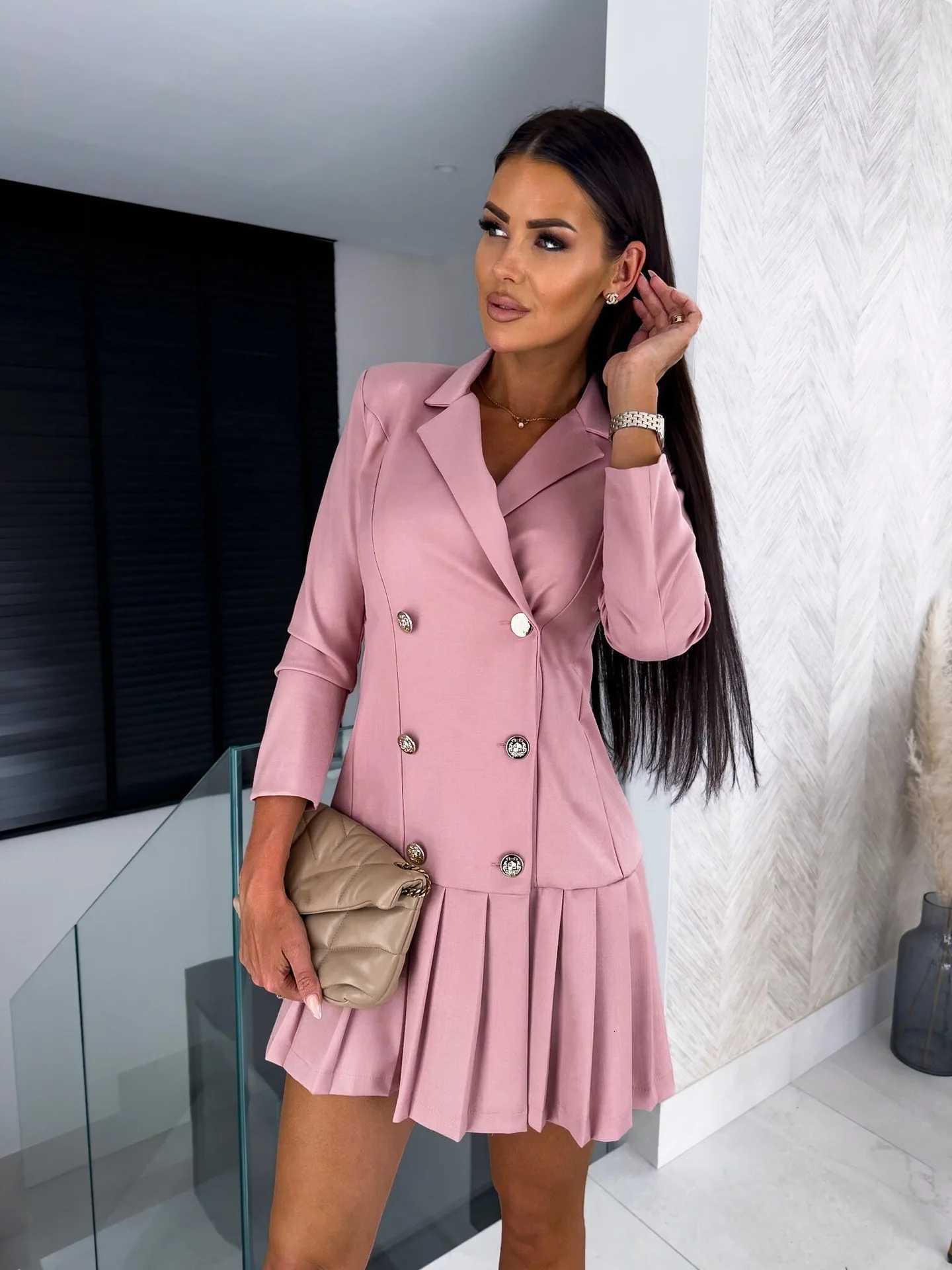 Women Fall Fashion Pleated Blazer Dress Double Breasted Long Sleeve Lapel Mini Suit Dress C260331
