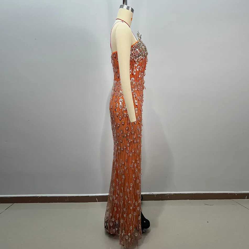 Sequin Evening Party Dress Sexy Strapless Pearls Crystals Embellished Catwalk Celebrity Prom Gown C260331