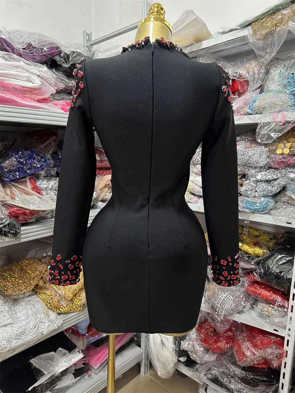 Women Long Sleeve Bandaeg Dress Red Crystal Cut Out Mesh Inset Deep V Neck Bodycon Mini High Street Evening Club Party Dresses C260331