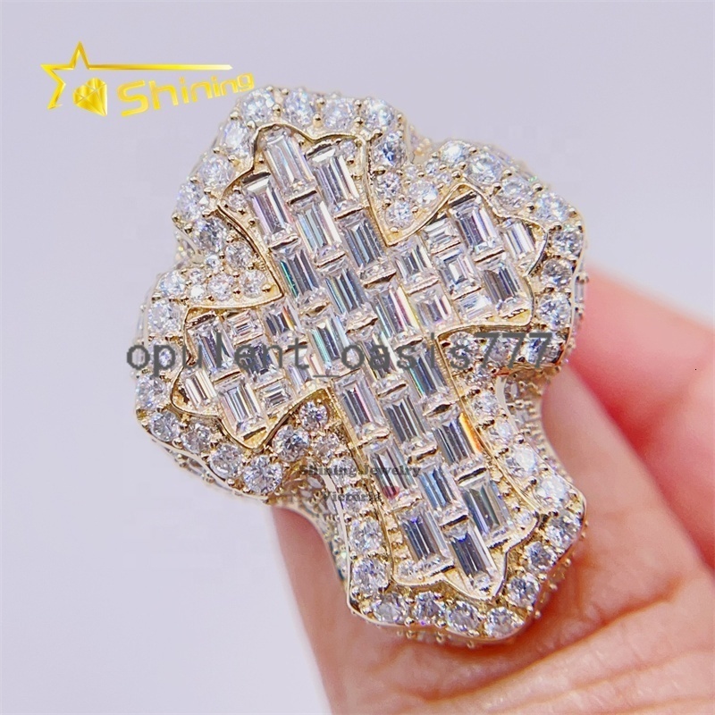 Pass Diamond Tester Men Hip Hop Iced Out Baguette Cut Moissanite 10k Gold Ring