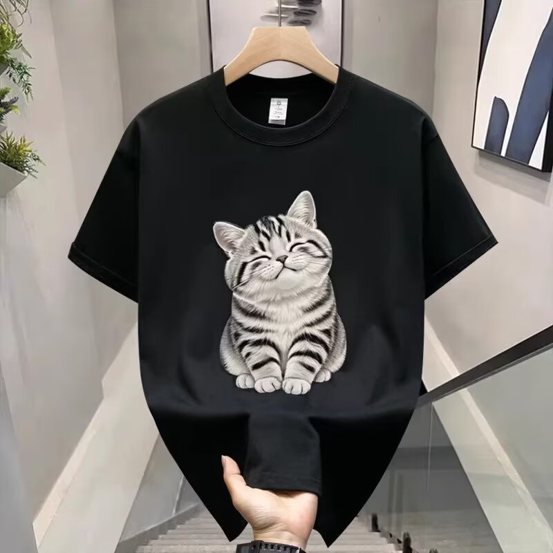 Men's INS Korean-Style T-Shirts | Cute Age-Reducing Cartoon Cat Graphic Black Crew Neck Regular Fit Versatile Skin-Whitening Casual Tops