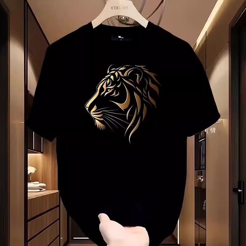 Men's Summer Premium Viral T-Shirts | Tiger Head Graphic Black Crew Neck Trendy Versatile Short Sleeve Tops