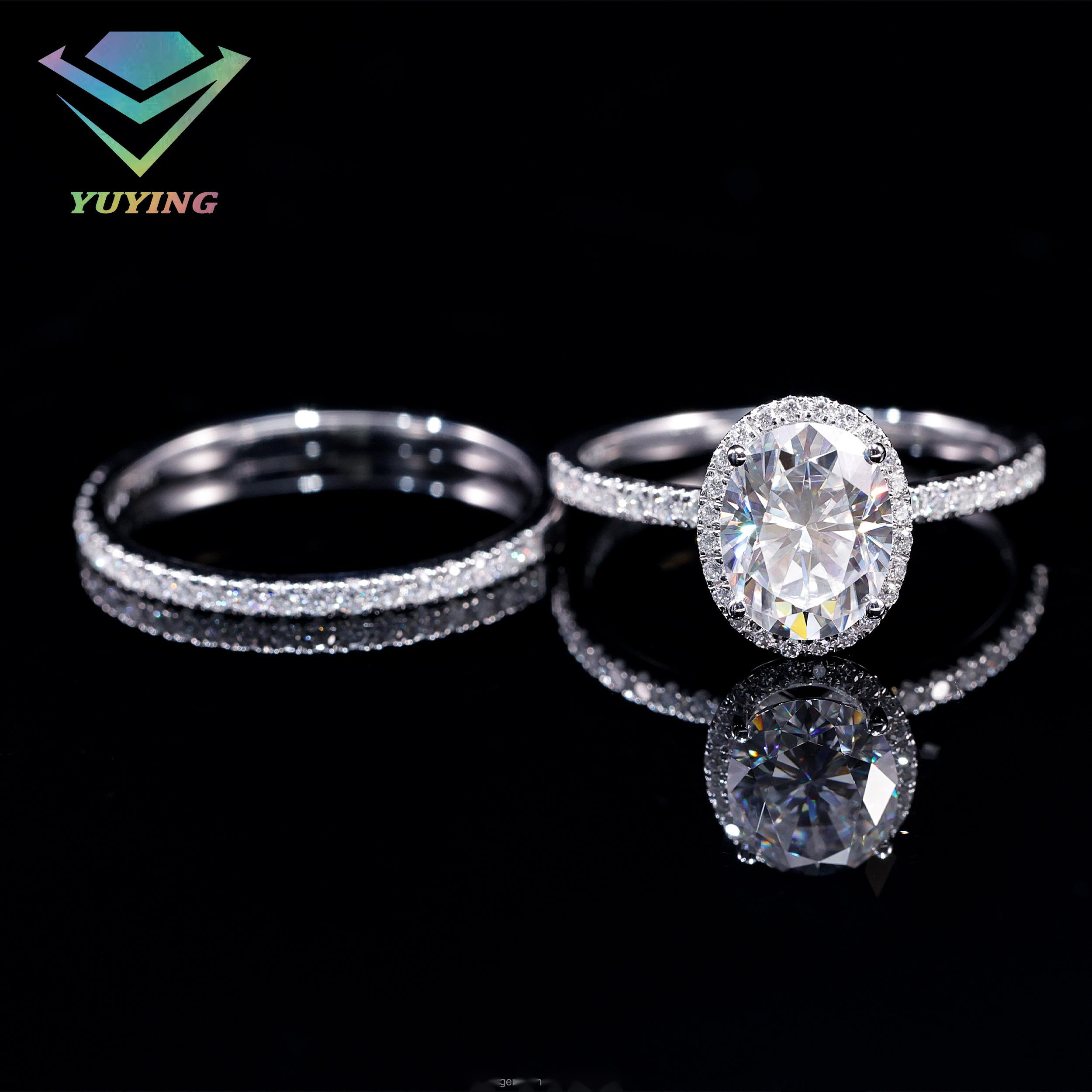 Halo Style White 14K Gold 2ct Oval Brilliant Mossanite Diamond Wedding Ring with Pave Band Couple Rings Jewelry Set