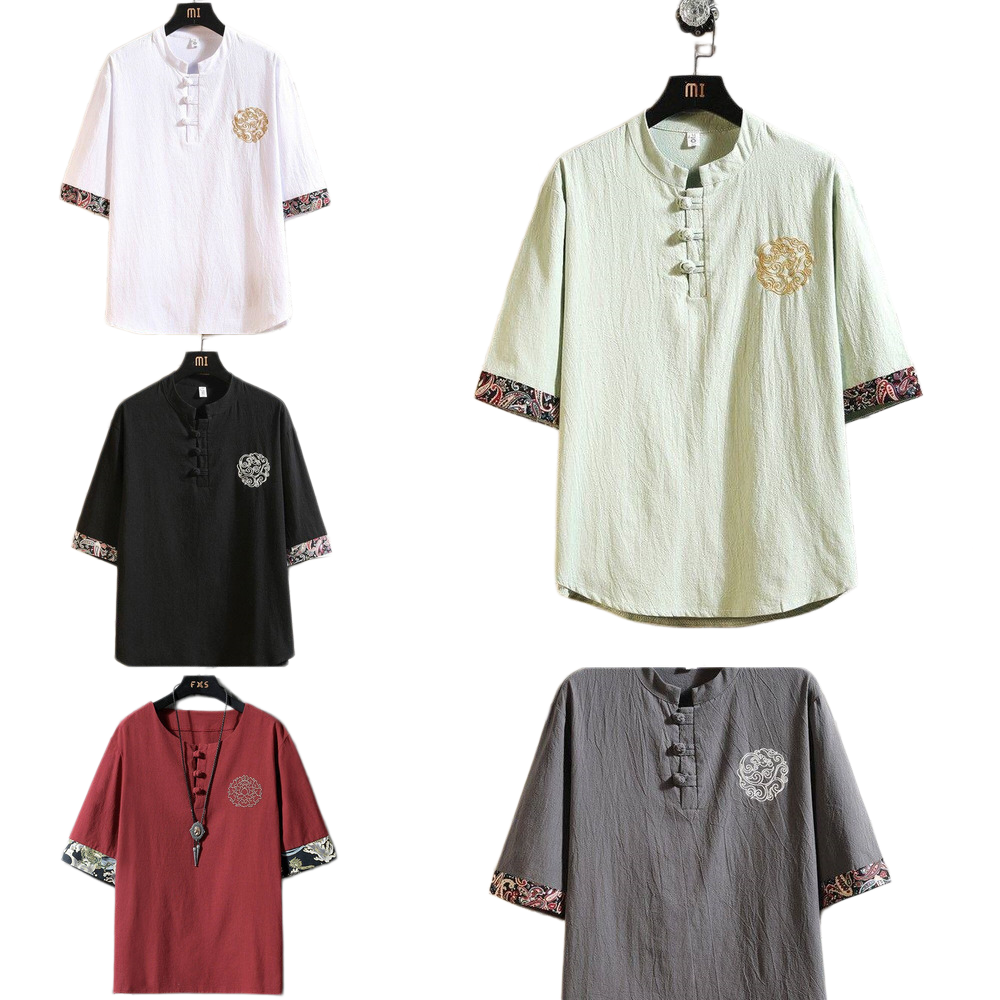 Mens summer button down short sleeve Retro T-shirt men plus size lightweight loose fitting embroidered half sleeve top Chinese style Tang suit