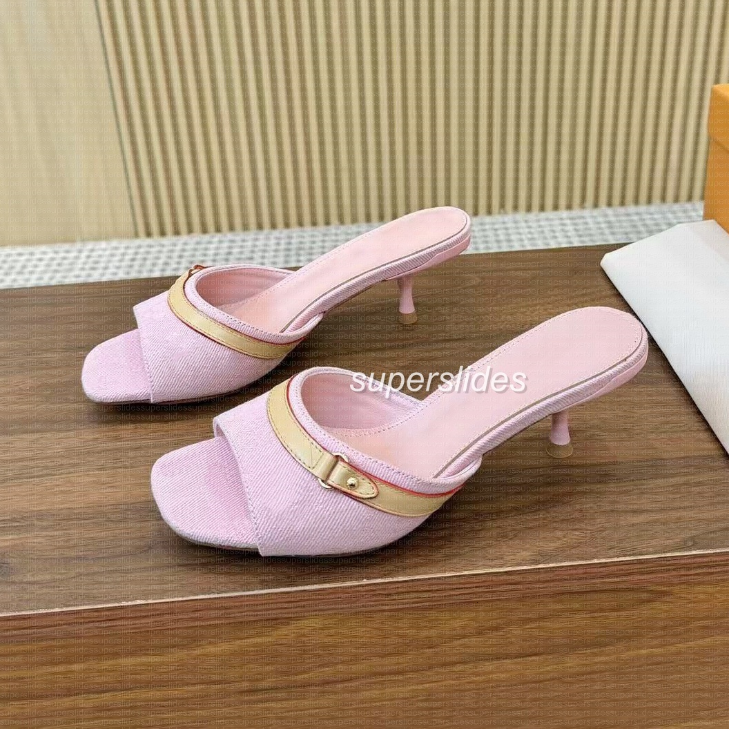 kitten heels x TM Mule pink high heeled designer womens pink denim mules Signature Leather outsole models stiletto heel feminine style casual mule sandals size 35-42