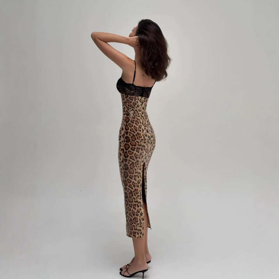 European And American New Fashion Sexy Leopard Print Sequin Strap Split Lace Patchwork Dress For Women Luanyun