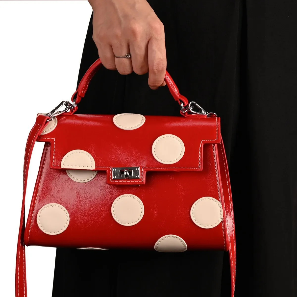 Romantic Polka Dot Handbag Box Shape Bag Top Handle Bag Simple Color Versatile Crossbody Bag 260324