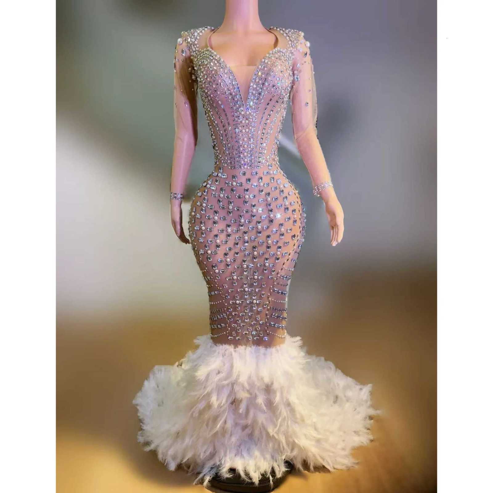 Heavy industry perspective mesh rhinestone feather trailing dress catwalk photo engagement banquet theme party dress C260331