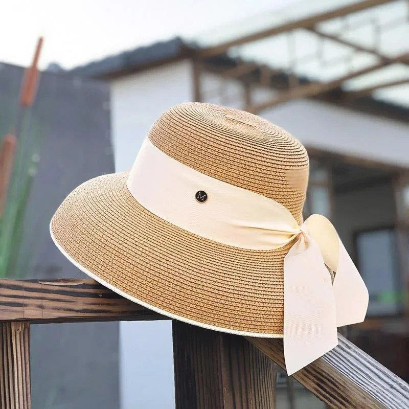 Womens French Retro Straw Sun Hat with Bow Detail - Hepburn Style Elegant Wide Brim UPF 50 Sun Protection for Beach Vacation 260330
