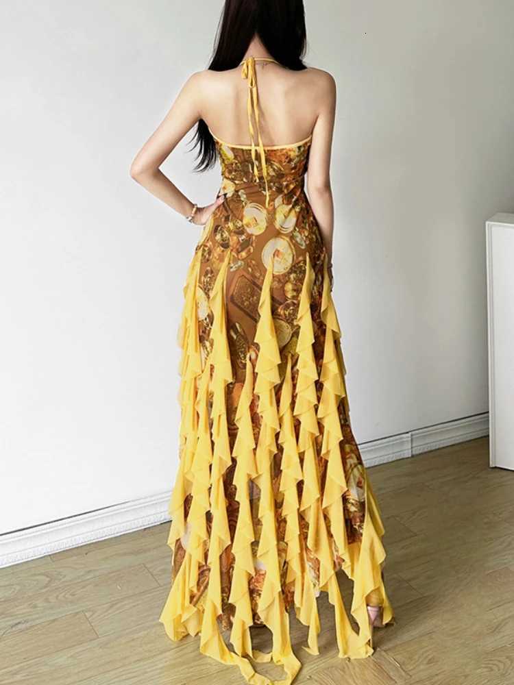 Print Split Maxi Dresses for Women 2026 Vestidos De Mujer Slim Waist Ruffled Temperament Robe Femme Y2K Halter Sexy Summer Dress C260331