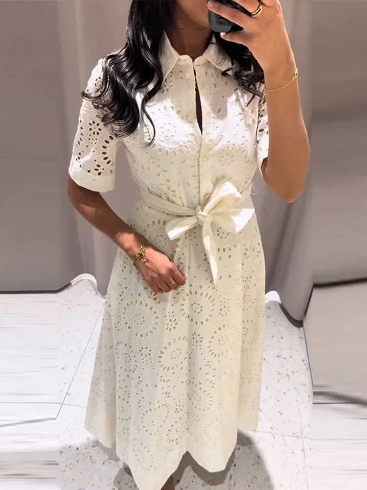 Elegant Embroidered Lapel Hollow Dress Women Fashionable Short Sleeve Belt High Waist Maxi Dresses Female Summer Chic Casual C260331