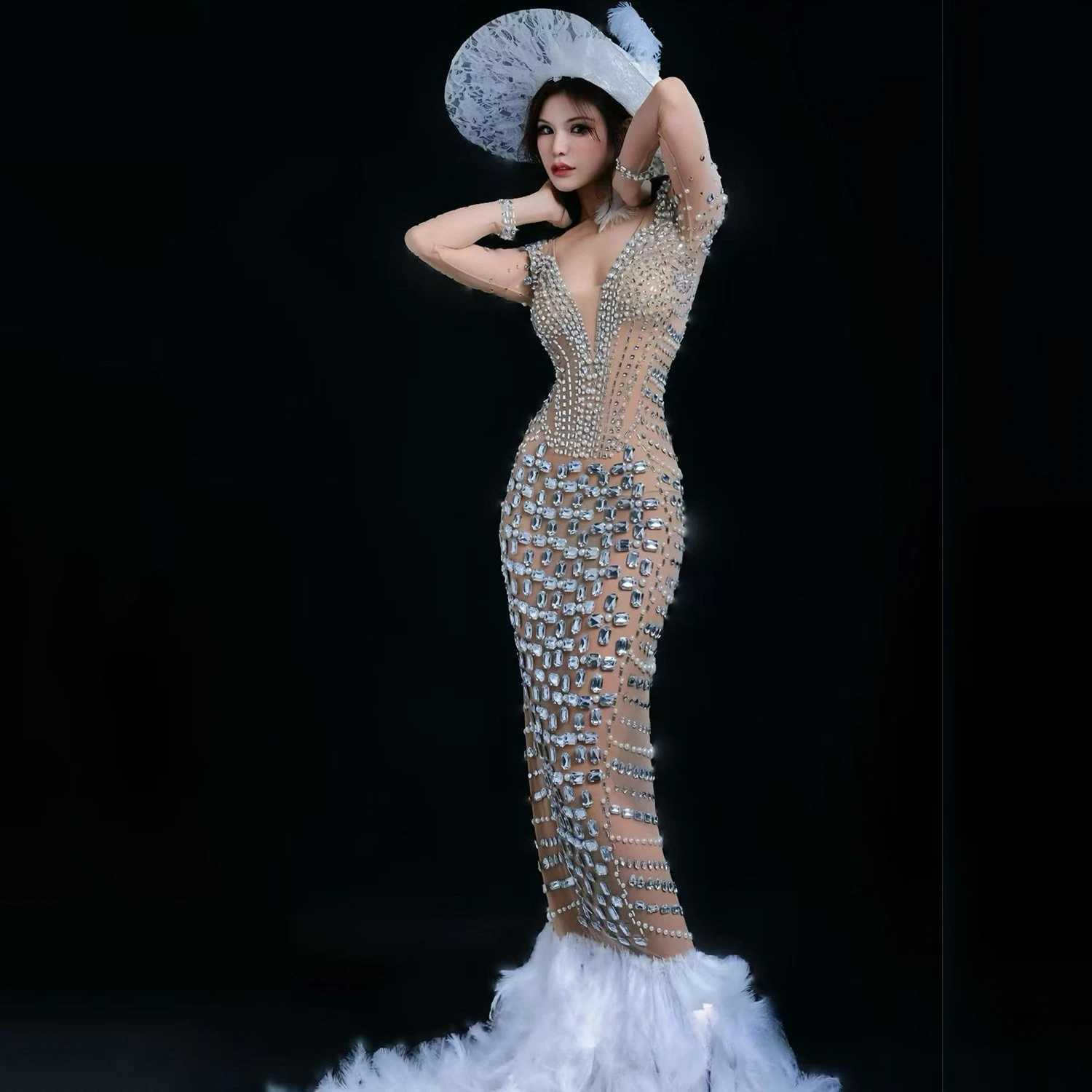 Heavy industry perspective mesh rhinestone feather trailing dress catwalk photo engagement banquet theme party dress C260331
