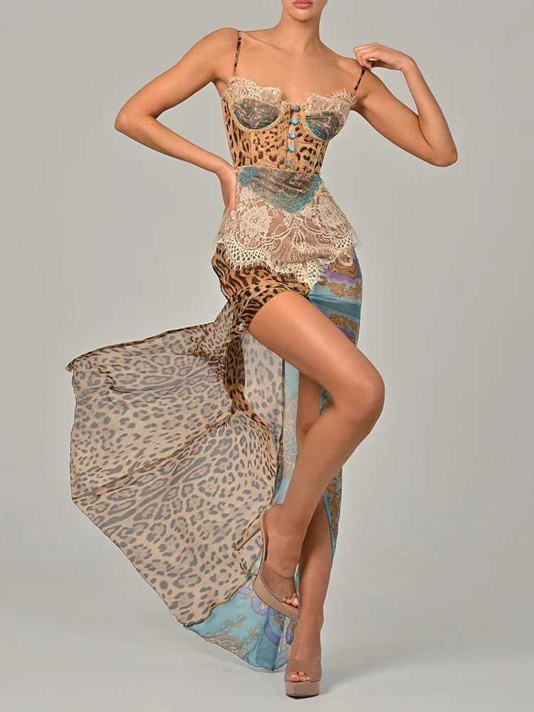 JIAYAN Leopard Print Lace Split Sexy Maxi Dress Women Gown Elegant Patchwork Chiffon Sleeveless Backless Beach Evening Dress C260331
