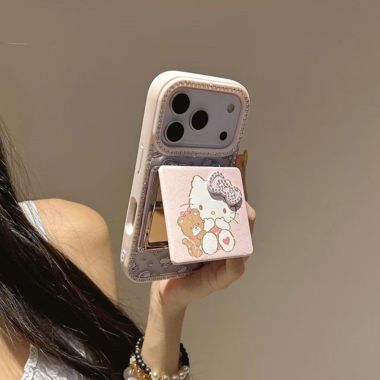 Makeup Mirror Drilled Edge HelloKitty Cat iPhone Case Girl Pink Cartoon Holder