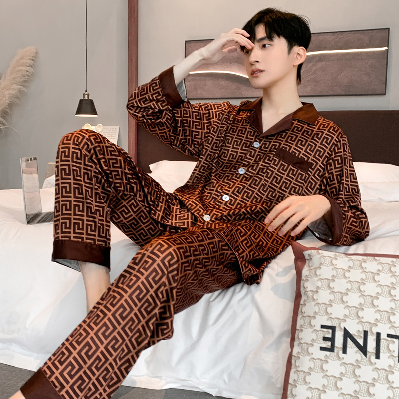 Luxury Brand Designer Clothes Silky Thin Ice Silk Pajamas For Men, Spring, Autumn, Summer, High-End Imitation Silk, Four Seasons Long Sleeve Homewear 