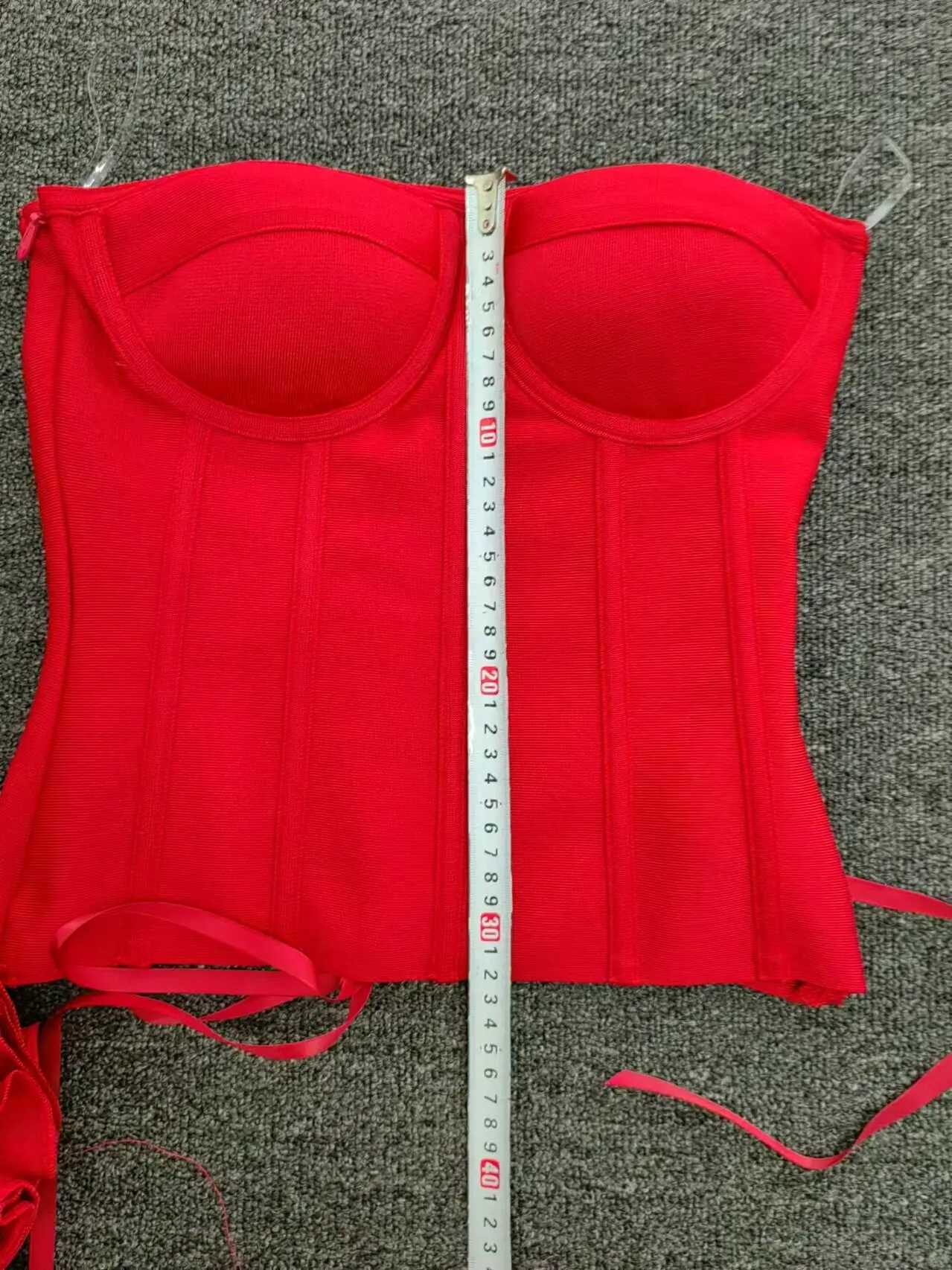 Real Photos Red Club Outfits Women Bandage Strapless Corset Crop Top and Flowers Mini Short Skirt Two Piece Sets Evening Dress C260331