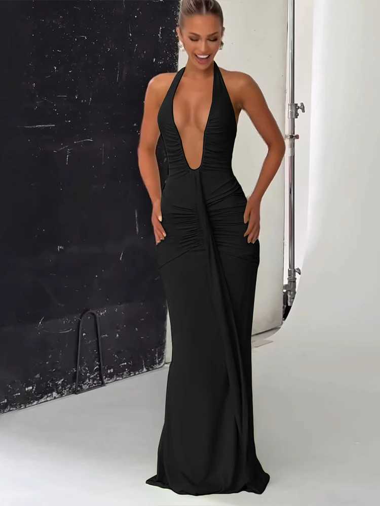 kliou Shirring Halter Women Maxi Dress Classic Solid Low Neck Backless Ribbons Sheath Long Robe Female Simple Elegant Vestidos C260331