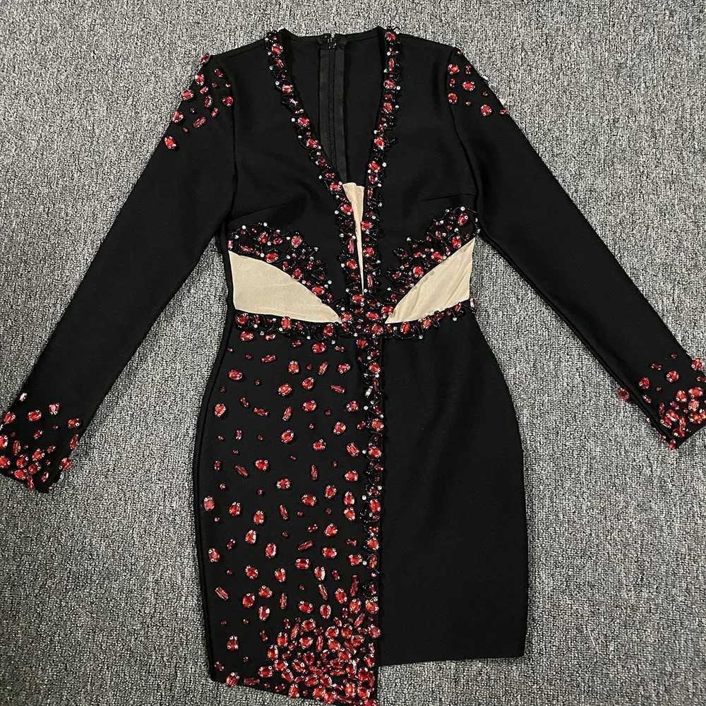 Women Long Sleeve Bandaeg Dress Red Crystal Cut Out Mesh Inset Deep V Neck Bodycon Mini High Street Evening Club Party Dresses C260331