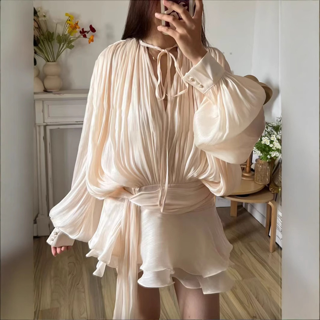 Top Solid Blouse Mini Dresses For Women V Neck Long Sleeve Spliced Lace Up Sweet Style Dress Female Clothing Fashion