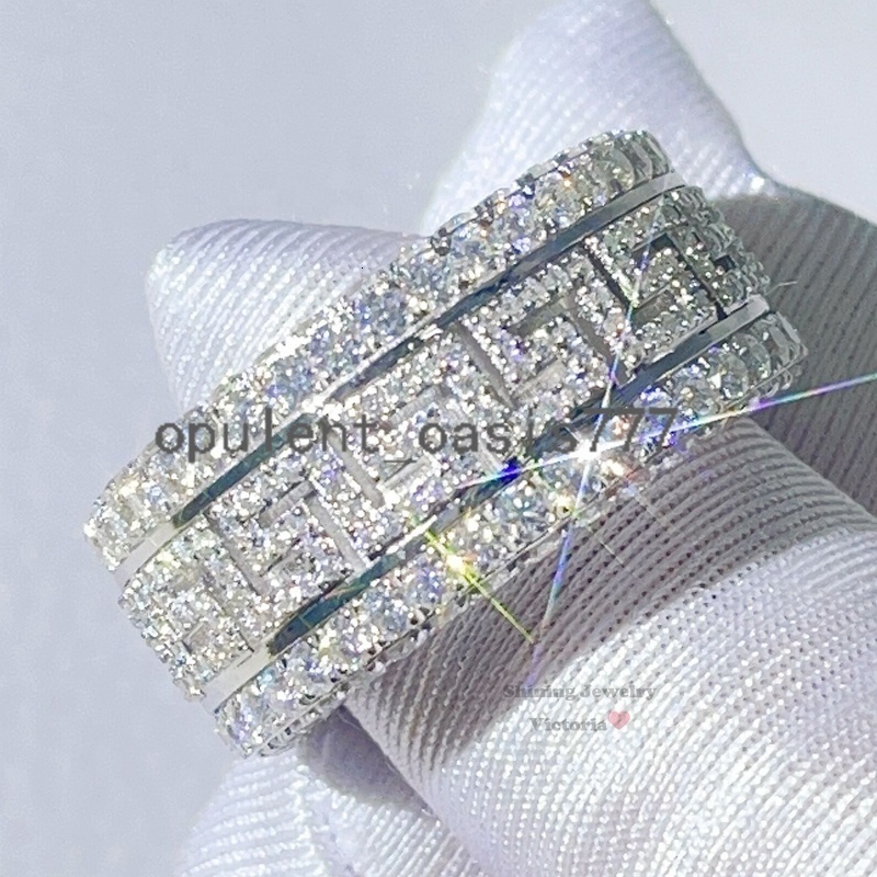 Guangzhou Shining Jewelry Iced Out Men Fashion Style Solid 10K White Gold Greek Key Ring With Moissanite