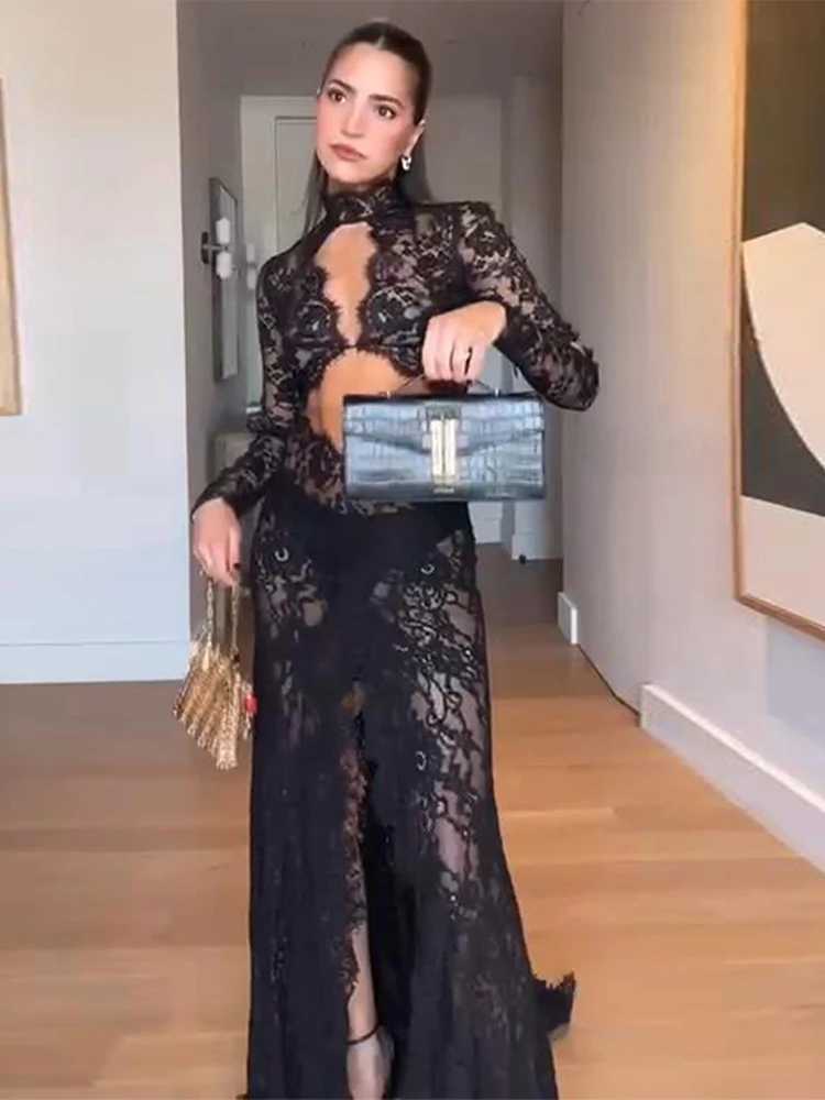 Sexy Lace Dresses For Women Fashion Solid O-Neck Sleeveless Hollow Out High Side Split Long Robes Bodycon See Through Dresses C260331