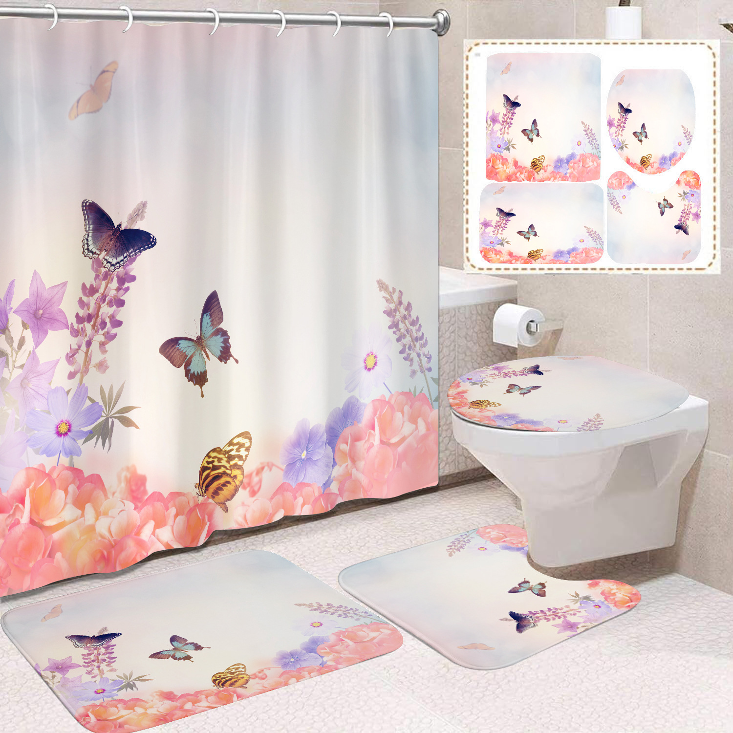 YL-38414 Floral Shower Curtain and Floor Mat Set (4 Pieces) - Bathroom Dry and Wet Separation, Toilet Isolation Curtain, Modern Minimalist Style