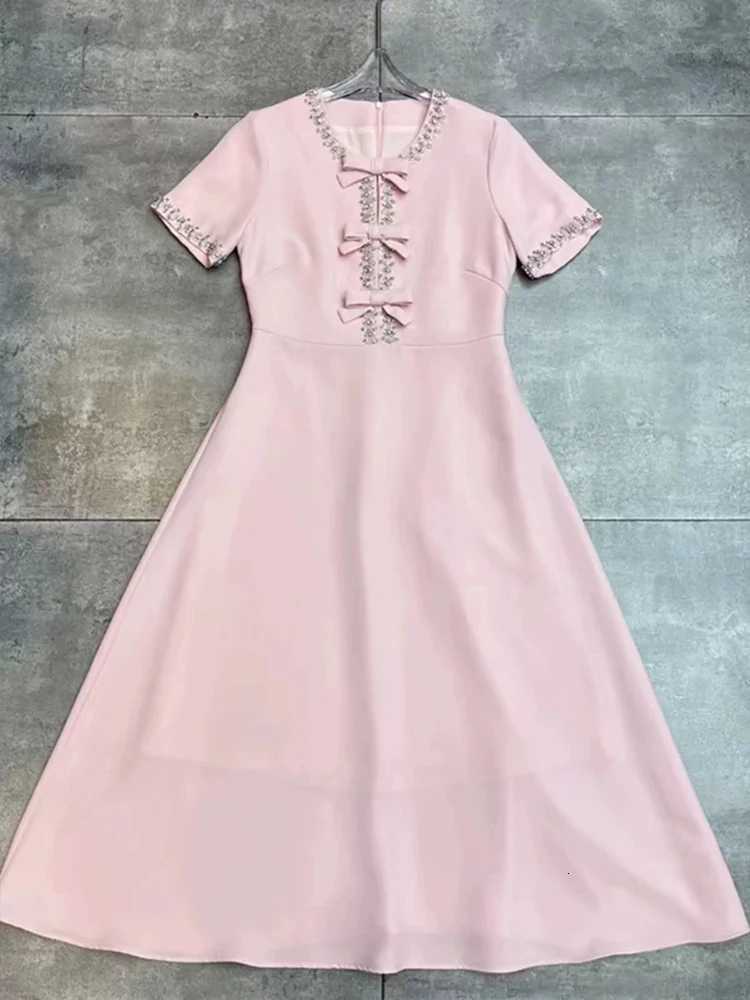 Heavy industry luxury bow short sLeeve dress high waist long skirt 2024 autumn womens new big swing A-line skirt C260331