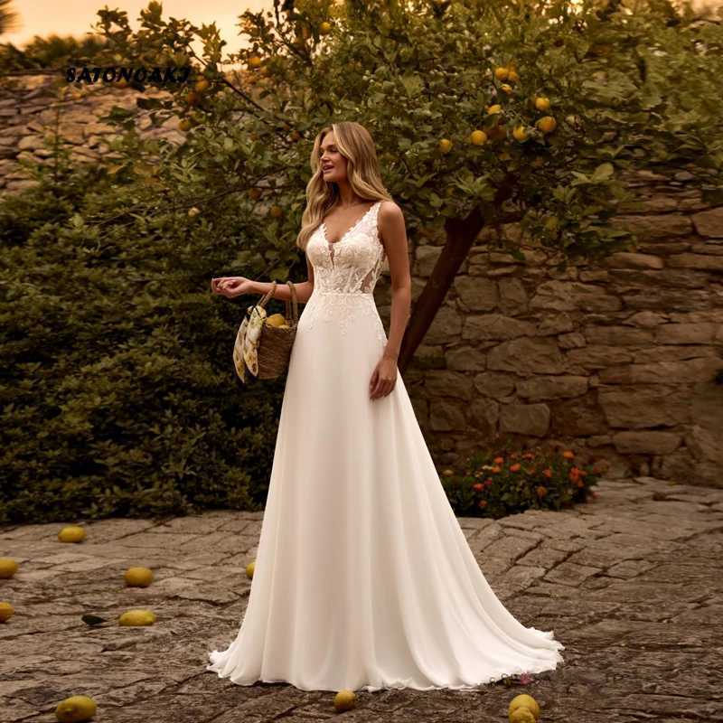 Customized Elegant Simple V-Neck Lace Chiffon Wedding Dress for Women A-Line Sleeveless Appliques Bride Gown Vestidos De Novia C260331