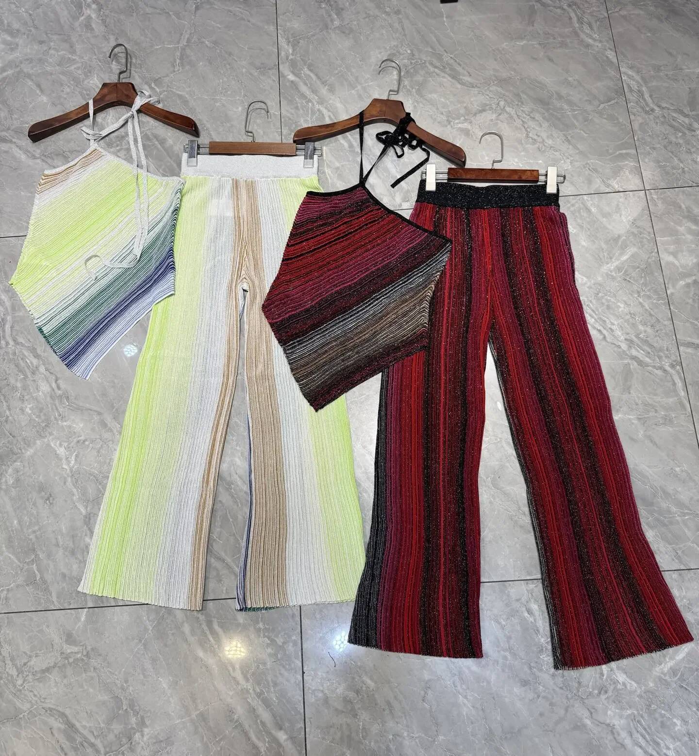 Metallic Sequined Striped Women Knitted Set 2025 New Slanted Shoulder Sleeveless Sexy Camisole + Elastic Waist Straight Pants