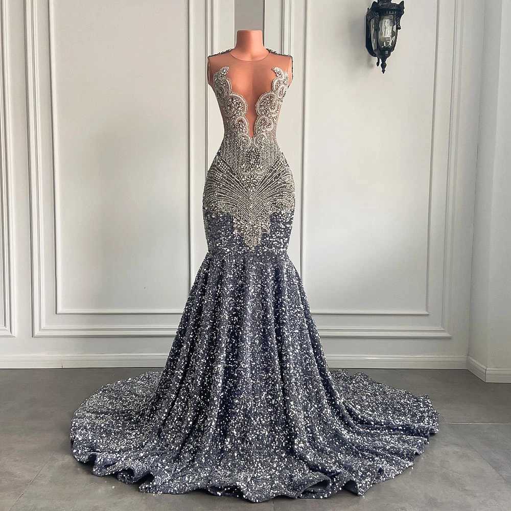 Sexy Long Sparkly Prom Dresses 2026 Sheer O-neck Luxury Silver Crystals Diamond Sequin Mermaid Black Girl Prom Party Gowns C260331