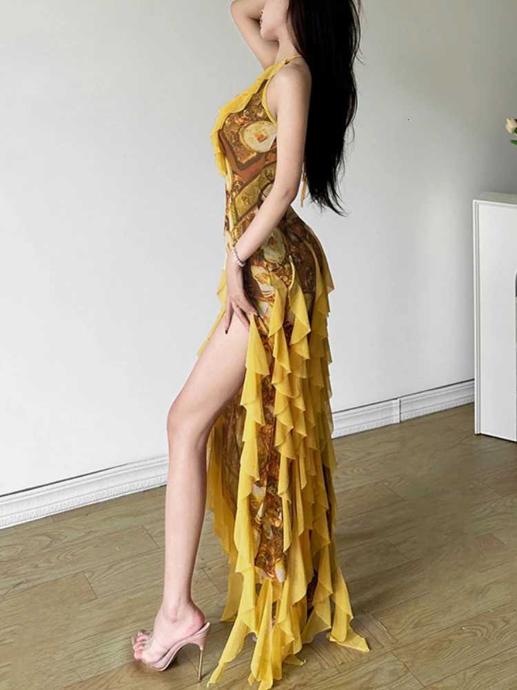 Print Split Maxi Dresses for Women 2026 Vestidos De Mujer Slim Waist Ruffled Temperament Robe Femme Y2K Halter Sexy Summer Dress C260331
