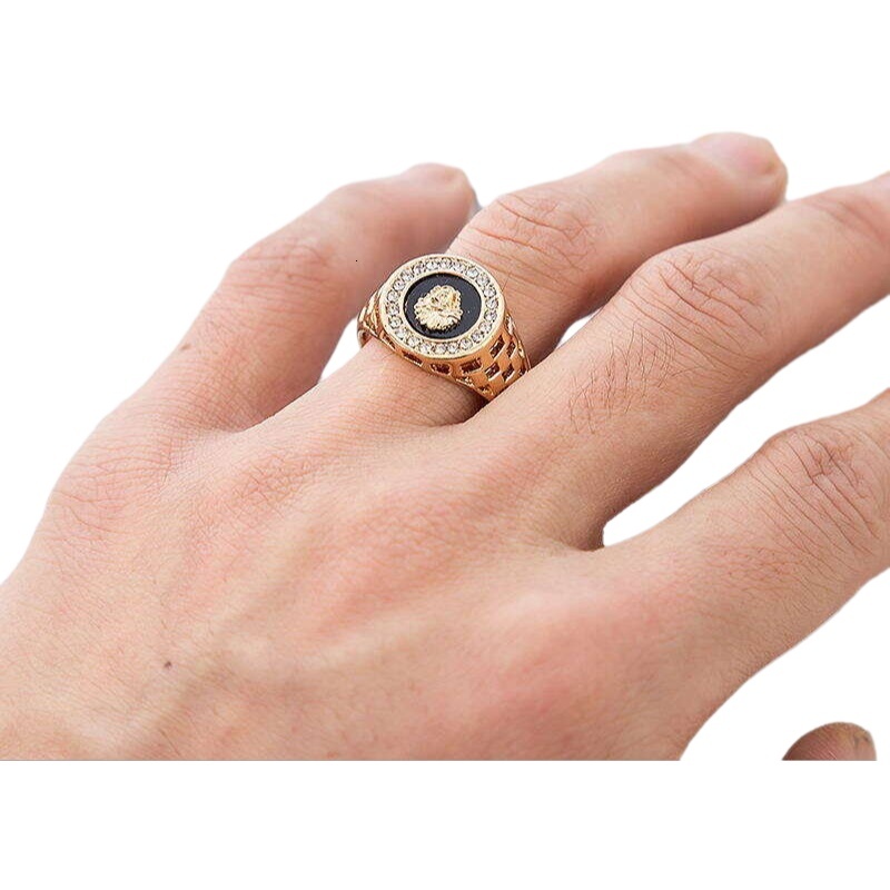 Jewelry European and American Fashion Men's Portrait & Ring Inlaid with Diamonds Hollow Oil Drop Fashionable gifts Round Lion Head Index Finger R
