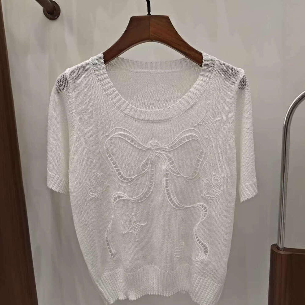 2026 Summer New Designer Color blocked Hollow FC Bow Embroidered Short Round Neck Short k30 Sleeve Knitted Top