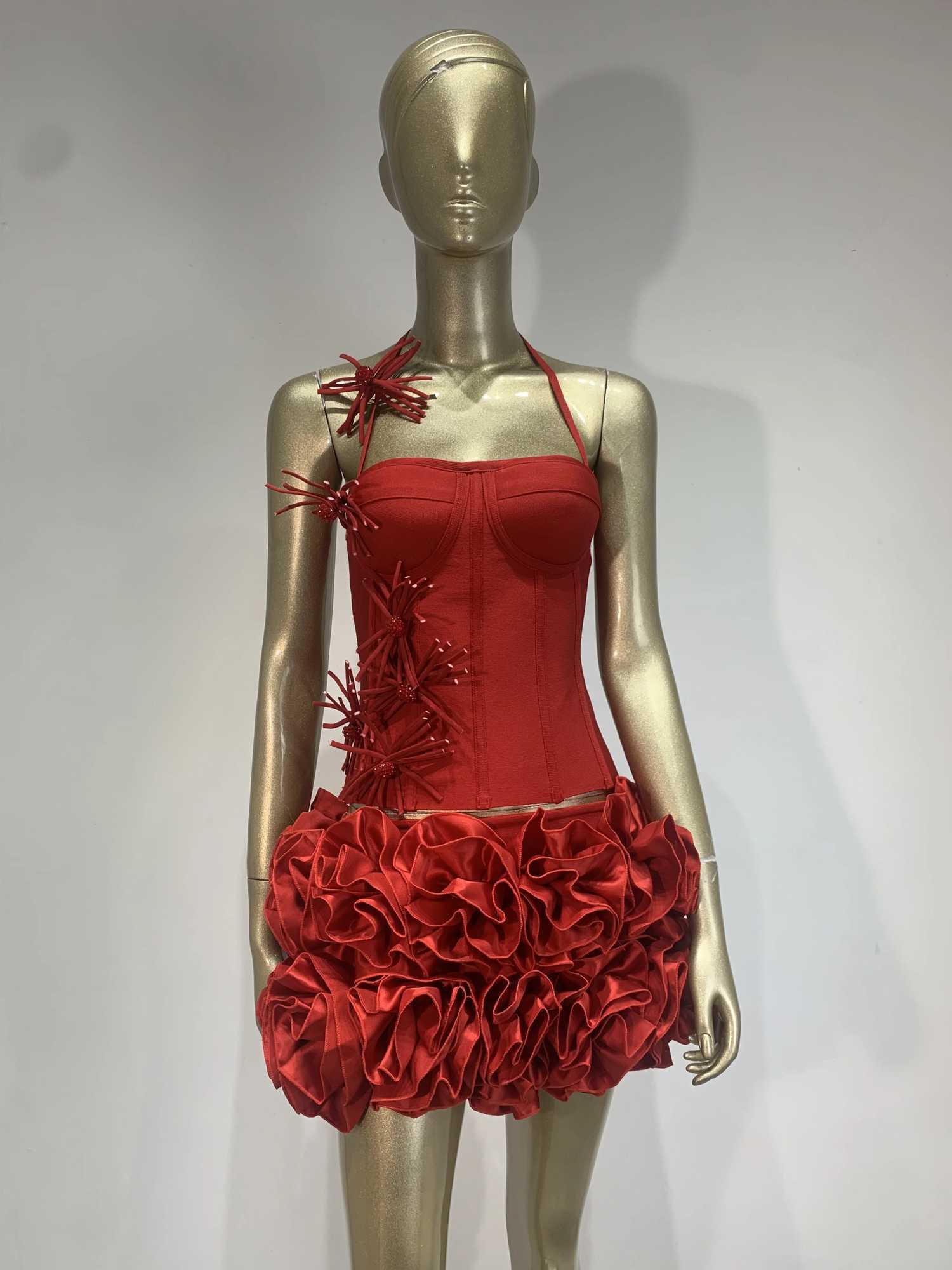 High End Fashion Women Red Bandage Outfit Halter Slash Neck Corset Top And Rose Mini Skirt Two Pieces Sets Evening Club Party C260331